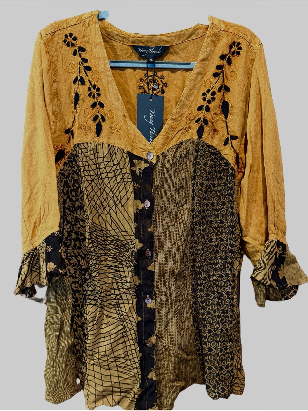 Young Threads Embroidered Patchwork Button-Front Top